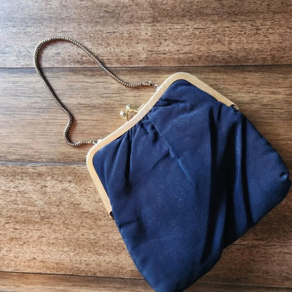 Darling Vintage Du-Val Navy Blue Corded Evening Clutch Bag‎ Kiss Lock Hong Kong